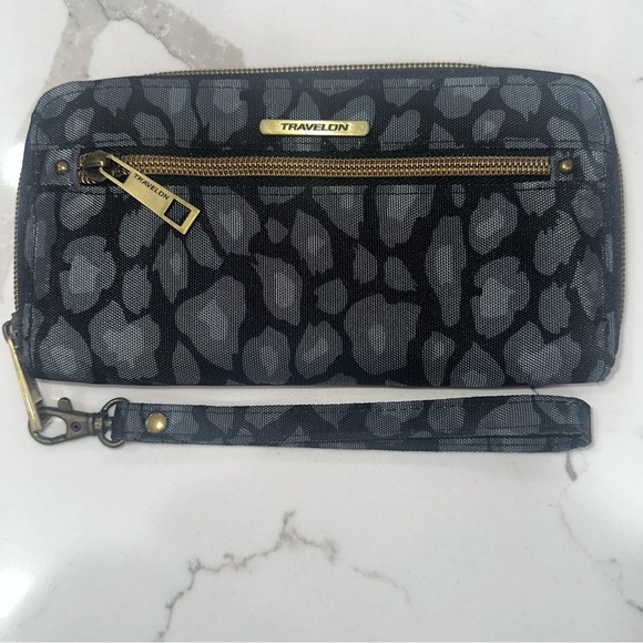 Travelon Handbags - Travelon Anti-Theft RFID Blocking Leopard Print Wristlet Wallet - Gray/Black